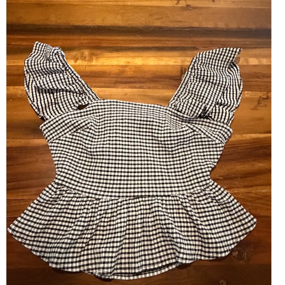 Lily Star Black White Gingham Ruffle Tie Back Peplum Top Medium Cottagecore